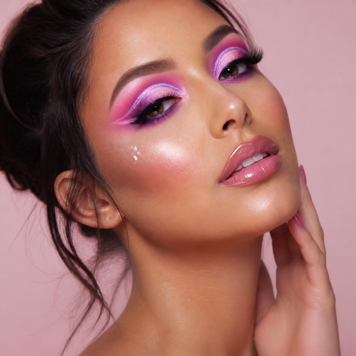 Dramatic pink and lilac eye makeup