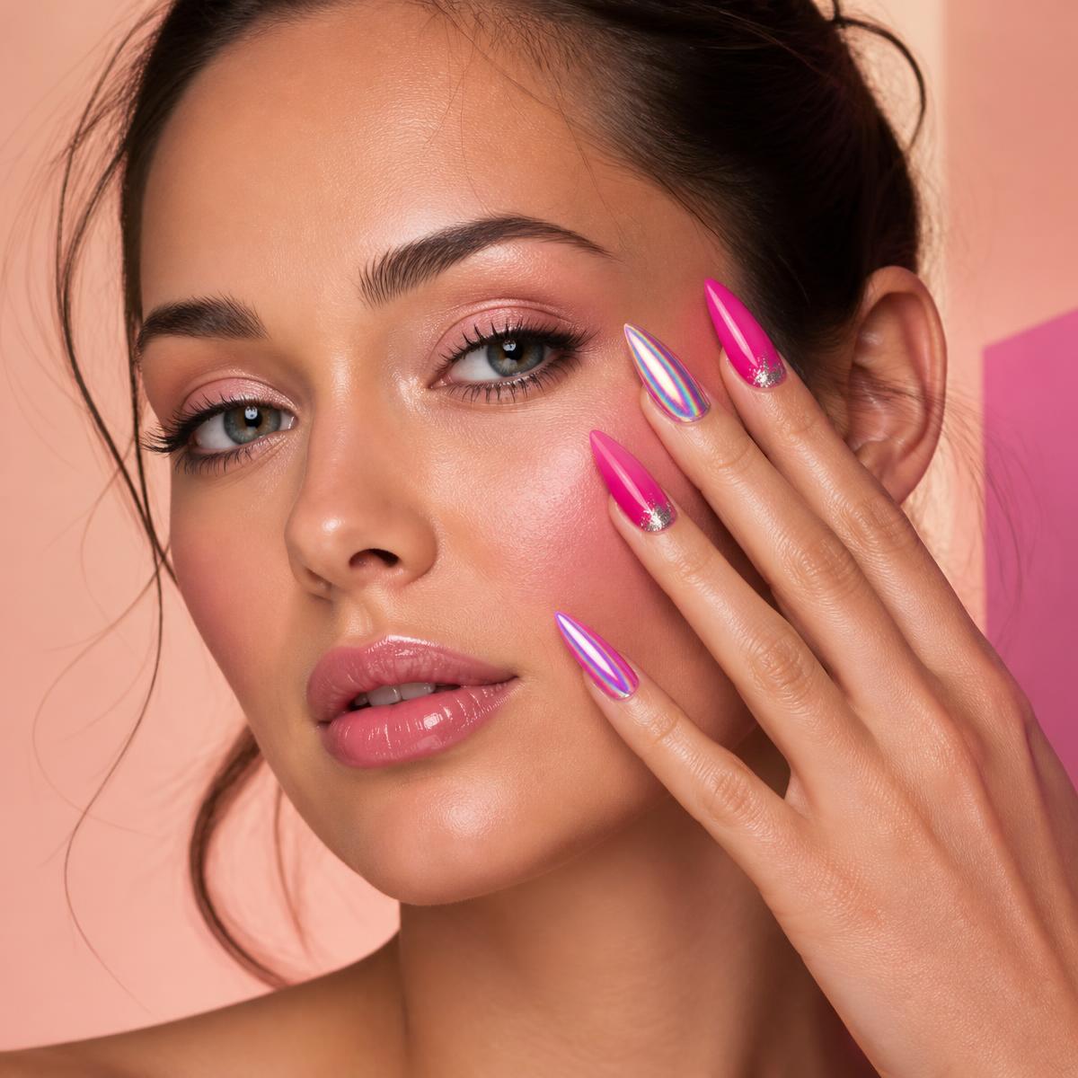 Model wearing statement pink nails